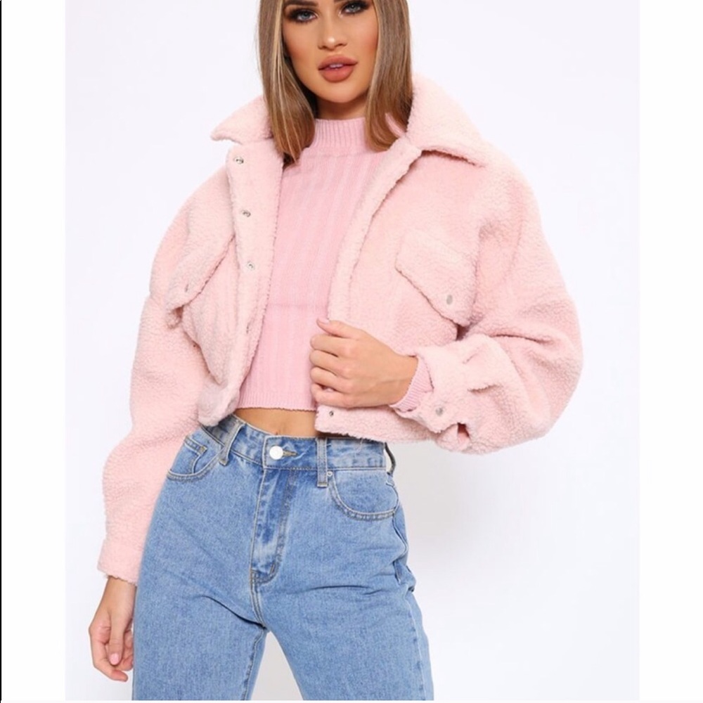 Baby pink blush cropped Borg trucker jacket !!😍